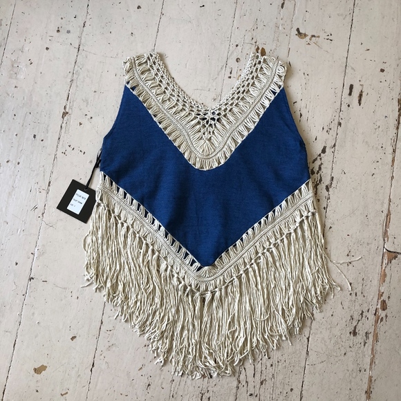 Cliche Crochet Fringe BoHo Denim Top - Picture 6 of 8